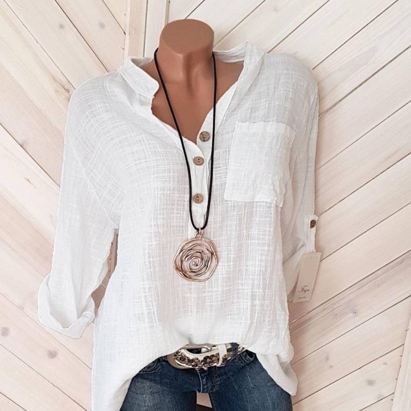 Frühling Herbst Frauen Einfarbig Taste V-ausschnitt Baumwolle Leinen Bluse Baumwolle Leinen Plus Größe Tasche Tops M von Joom DACH
