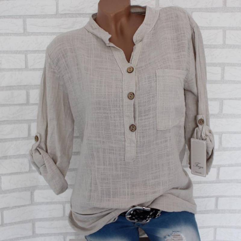 Frühling Herbst Frauen Einfarbig Taste V-ausschnitt Baumwolle Leinen Bluse Baumwolle Leinen Plus Größe Tasche Tops XXL apricot von Joom DACH