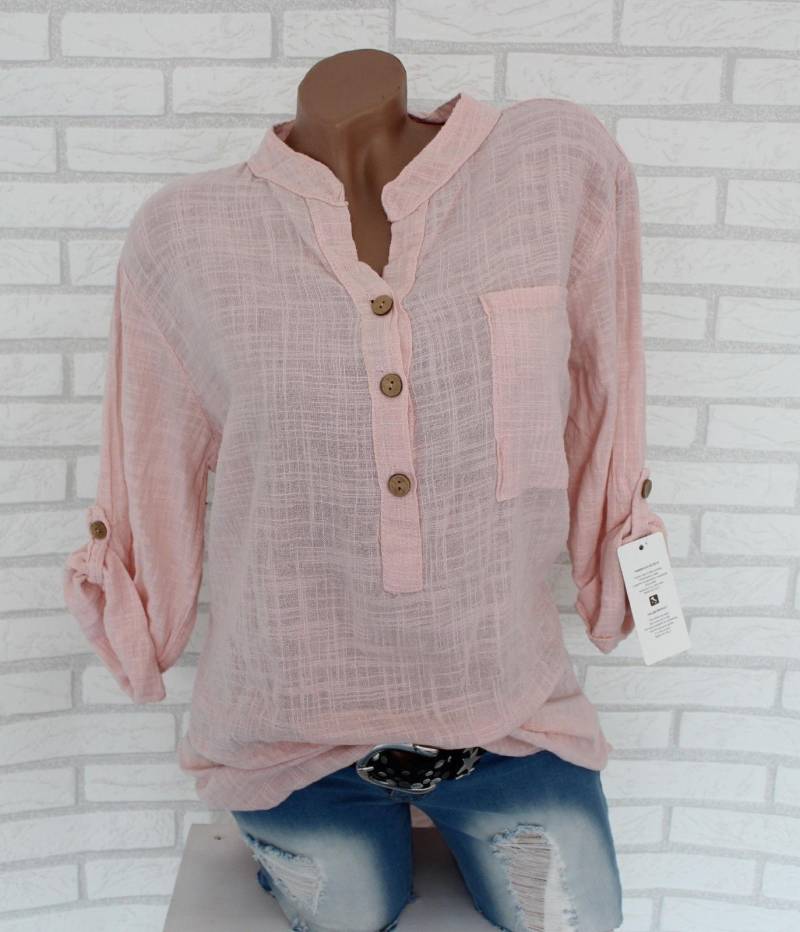 Frühling Herbst Frauen Einfarbig Taste V-ausschnitt Baumwolle Leinen Bluse Baumwolle Leinen Plus Größe Tasche Tops XXL von Joom DACH