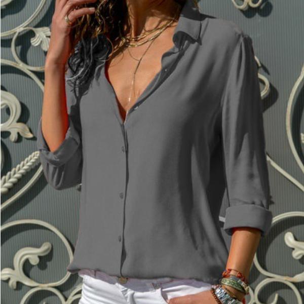 Frühling Herbst Frauen Shirts Einfarbig Button Up Chiffon Blusen Weiß Blau Schwarz Revers Lange Hülse Plus Größe Tops M graue von Joom DACH
