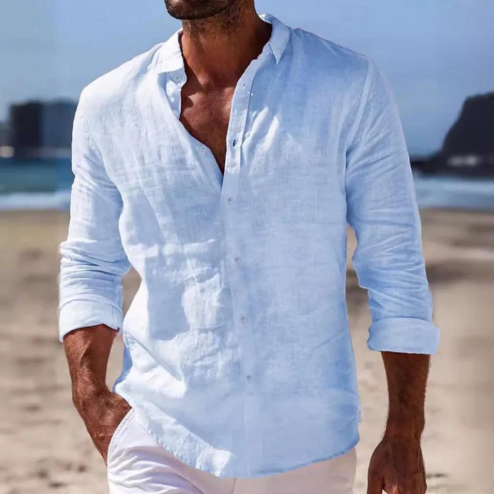 Frühling Herbst Herren Baumwolle Leinen Hemd Langarm Einfarbig Lässige Oberteile Leichtgewichtiger Urlaubs-Strandstil Gemütliche Hemden L himmelblaue von Joom DACH