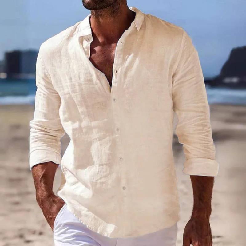 Frühling Herbst Herren Baumwolle Leinen Hemd Langarm Einfarbig Lässige Oberteile Leichtgewichtiger Urlaubs-Strandstil Gemütliche Hemden L khaki von Joom DACH