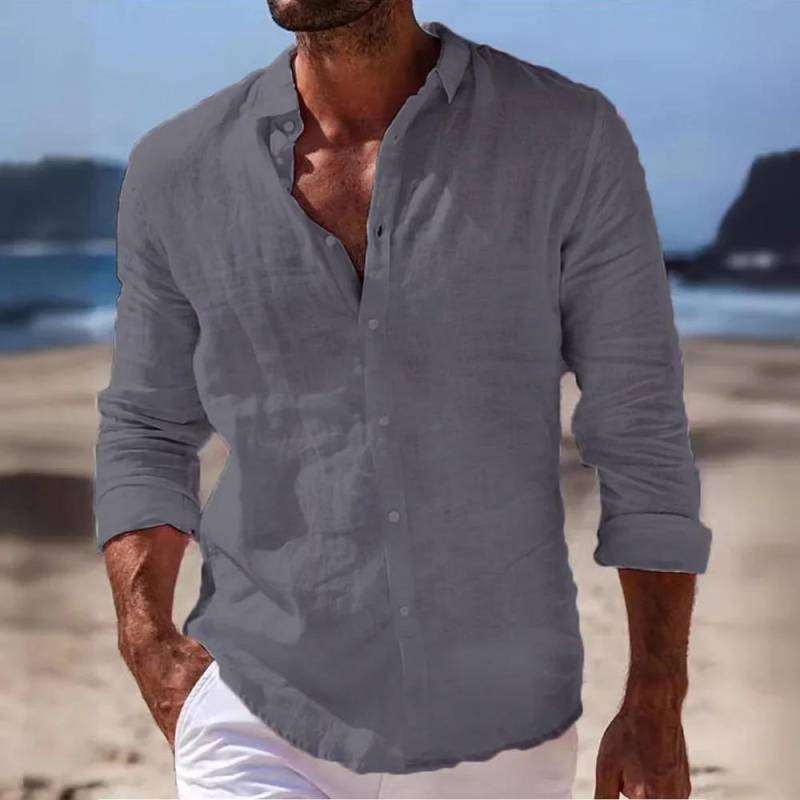 Frühling Herbst Herren Baumwolle Leinen Hemd Langarm Einfarbig Lässige Oberteile Leichtgewichtiger Urlaubs-Strandstil Gemütliche Hemden XXXL graue von Joom DACH