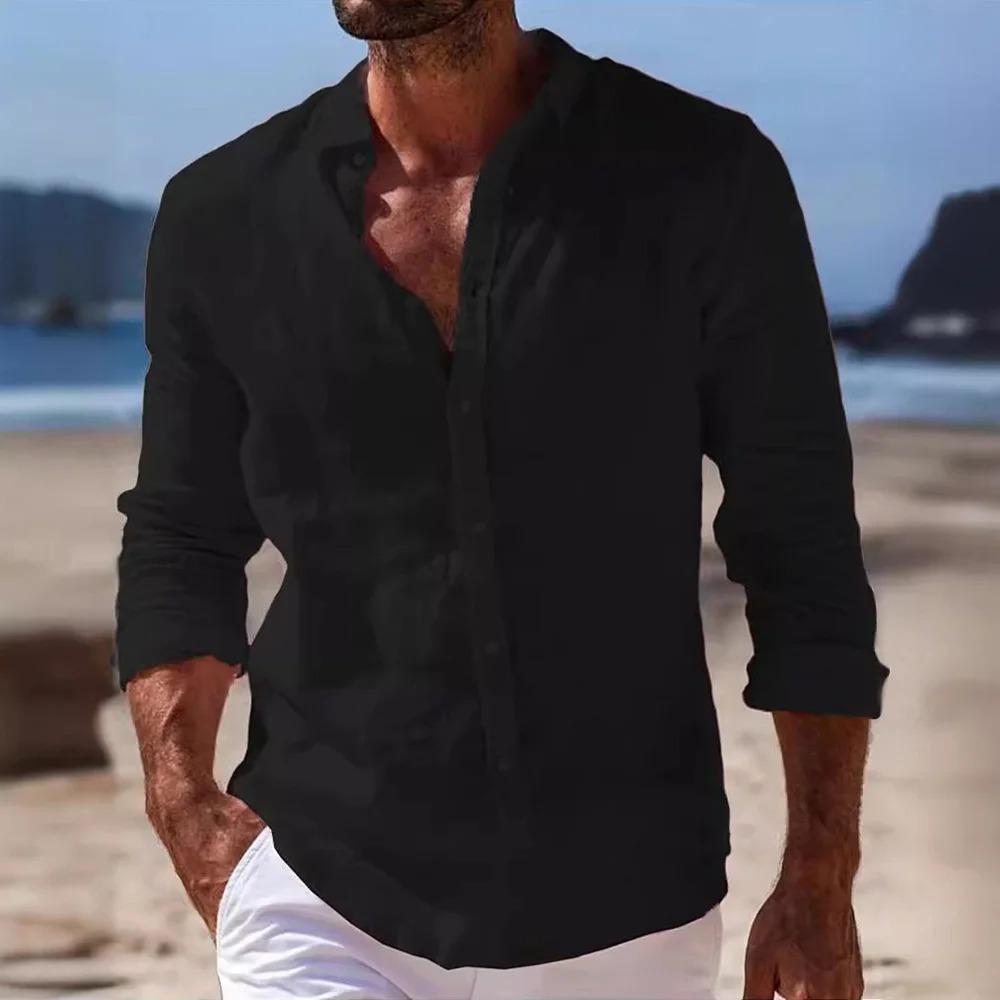 Frühling Herbst Herren Baumwolle Leinen Hemd Langarm Einfarbig Lässige Oberteile Leichtgewichtiger Urlaubs-Strandstil Gemütliche Hemden XXXL schwarz von Joom DACH