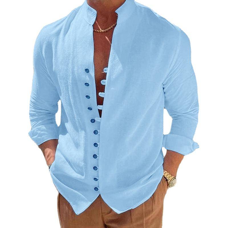 Frühling Herbst Herren Baumwolle Leinen Tops Solide Button Up Stehkragen Langarm Hemd Männer Weiß Schwarz M rosa von Joom DACH