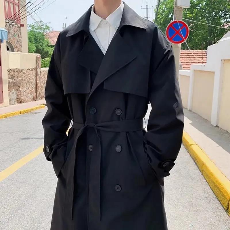 Frühling Herbst Herren Trenchcoat Männlich Streetwear Windbreaker Trenchcoat Herren Einfarbig Business Casual Locker Lang Übermantel M schwarz von Joom DACH
