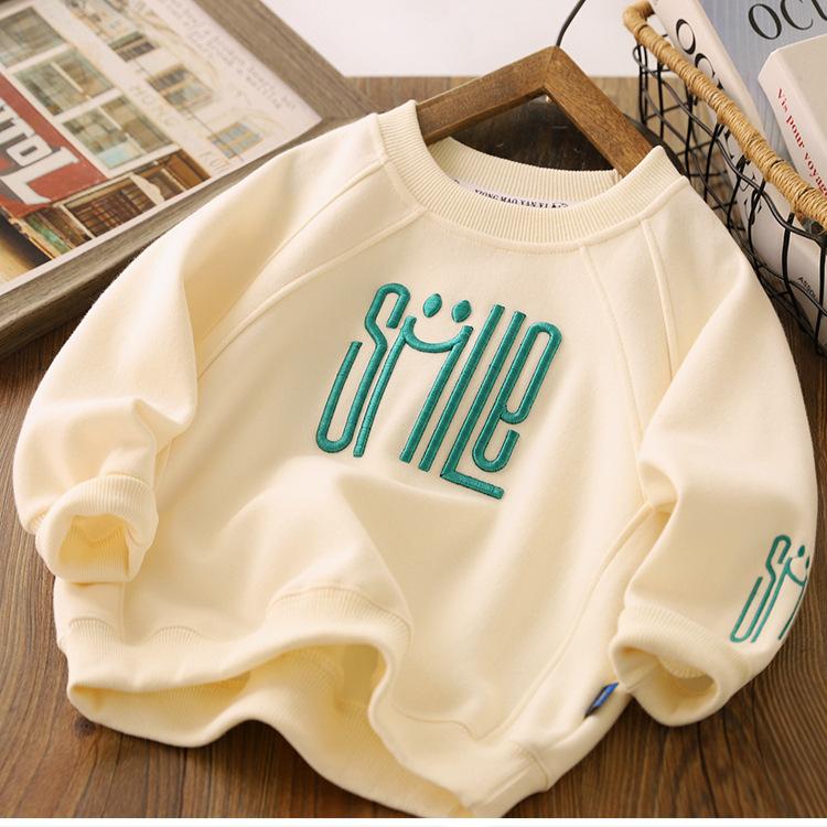 Frühling Herbst Jungen Hemd Mode Brief Lächeln Volle Hülse Teenager Jungen Sweatshirt Kinder Kleidung 120cm beige von Joom DACH