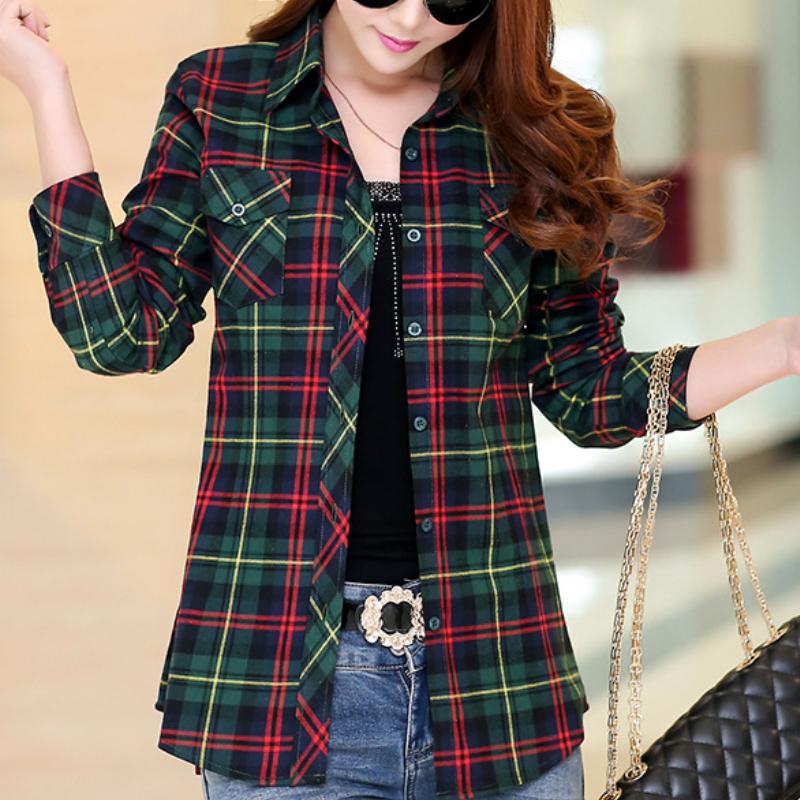 Frühling Herbst Kariertes Hemd frauen Baumwolle Langarm Top Damen Plaid Shirts Mode Revers Schlank Tops 5XL von Joom DACH