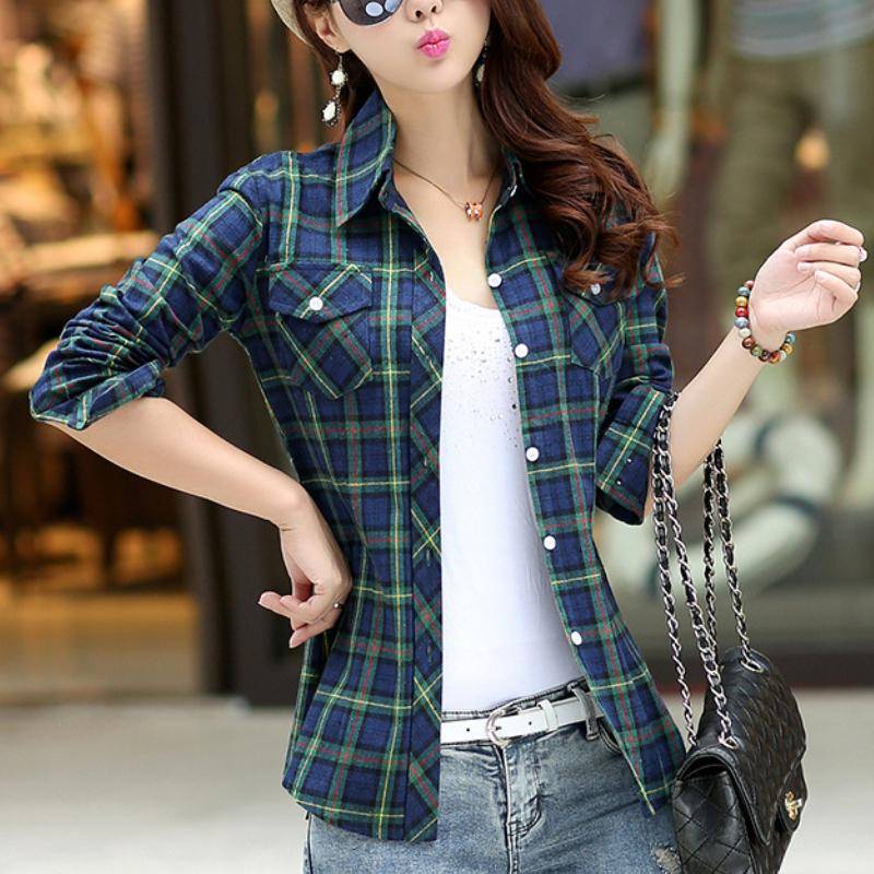 Frühling Herbst Kariertes Hemd frauen Baumwolle Langarm Top Damen Plaid Shirts Mode Revers Schlank Tops M von Joom DACH