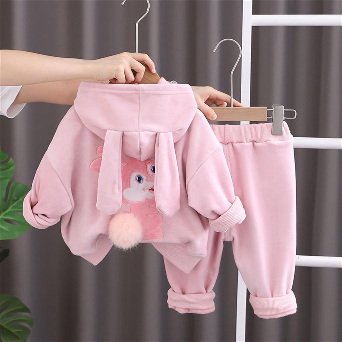 Frühling Herbst Kinder Anzüge Nette Baby Mädchen Fleece Warme Kapuzen Tops + Hosen Sets Kinder Dicken Kaninchen Ohr Hoodies Anzüge 80 rosa von Joom DACH