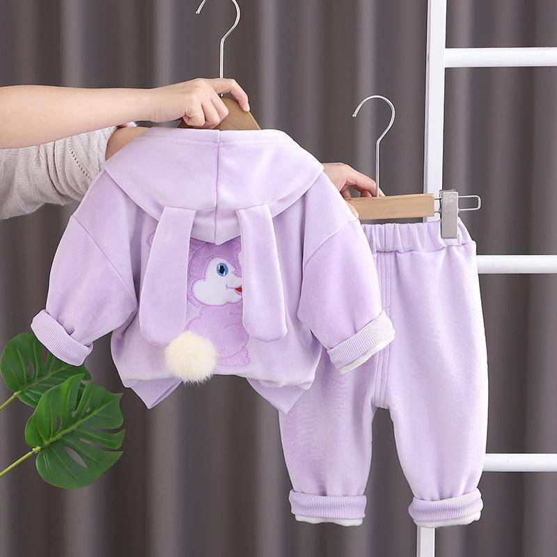 Frühling Herbst Kinder Anzüge Nette Baby Mädchen Fleece Warme Kapuzen Tops + Hosen Sets Kinder Dicken Kaninchen Ohr Hoodies Anzüge 90 violett von Joom DACH