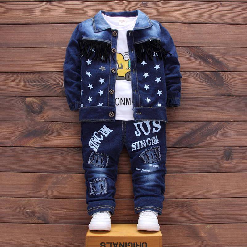 Frühling Herbst Kinder Jungen Kleidung Set 3-teiliges Set Langarm Baumwoll-Hoodie T-Shirt Jeansjacke Mantel und Jeans 80cm von Joom DACH