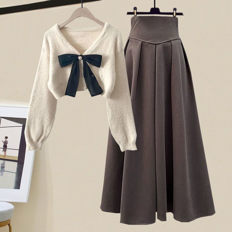 Frühling Herbst Koreanisch Elegant Strick Halber Stehkragen Unterteil Pullover+Midi Rock Zweiteiler Damen Kleideranzug L von Joom DACH