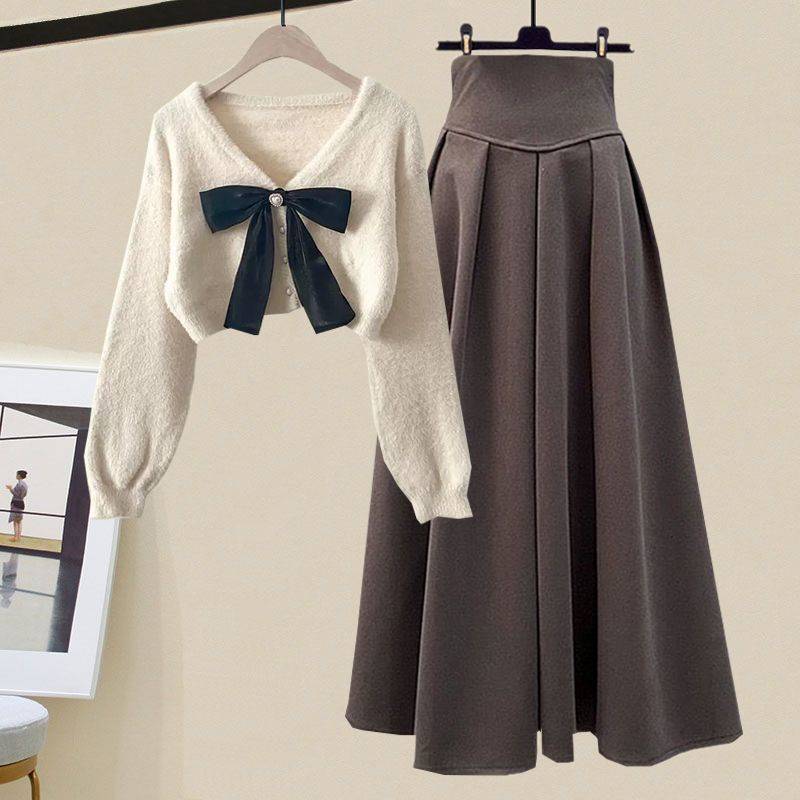 Frühling Herbst Koreanisch Elegant Strick Halber Stehkragen Unterteil Pullover+Midi Rock Zweiteiler Damen Kleideranzug L von Joom DACH