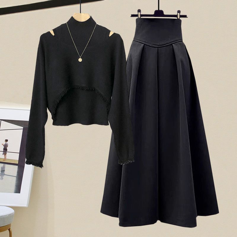 Frühling Herbst Koreanisch Elegant Strick Halber Stehkragen Unterteil Pullover+Midi Rock Zweiteiler Damen Kleideranzug L von Joom DACH