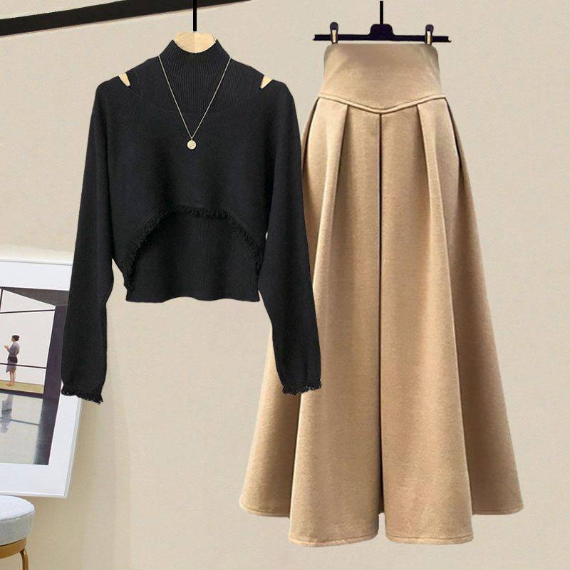 Frühling Herbst Koreanisch Elegant Strick Halber Stehkragen Unterteil Pullover+Midi Rock Zweiteiler Damen Kleideranzug L von Joom DACH