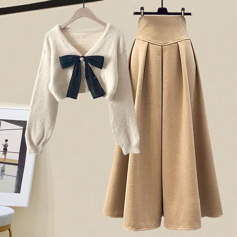 Frühling Herbst Koreanisch Elegant Strick Halber Stehkragen Unterteil Pullover+Midi Rock Zweiteiler Damen Kleideranzug M von Joom DACH