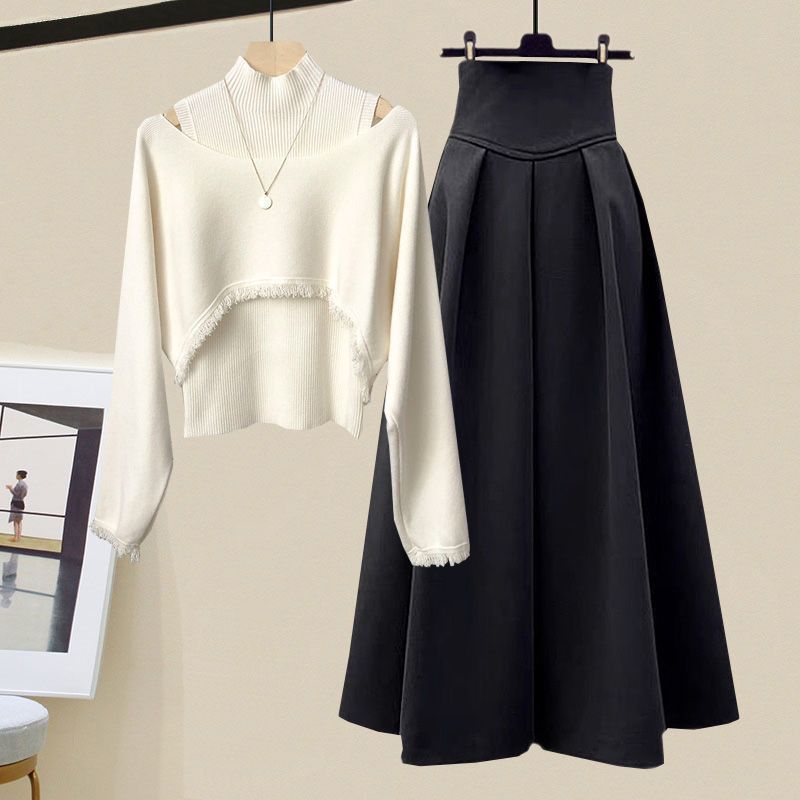 Frühling Herbst Koreanisch Elegant Strick Halber Stehkragen Unterteil Pullover+Midi Rock Zweiteiler Damen Kleideranzug M von Joom DACH