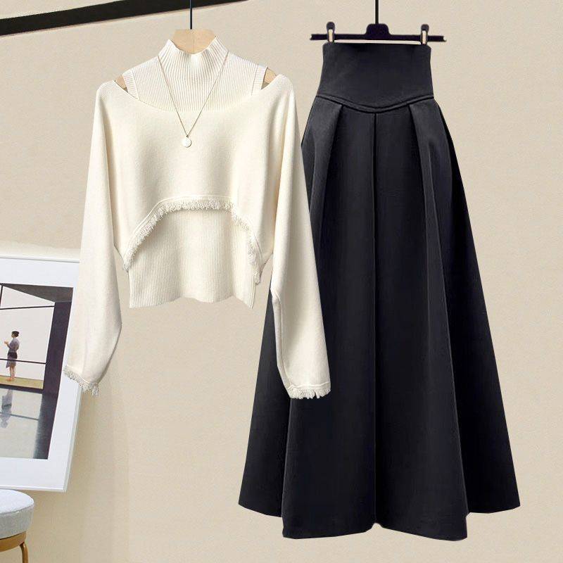 Frühling Herbst Koreanisch Elegant Strick Halber Stehkragen Unterteil Pullover+Midi Rock Zweiteiler Damen Kleideranzug M von Joom DACH