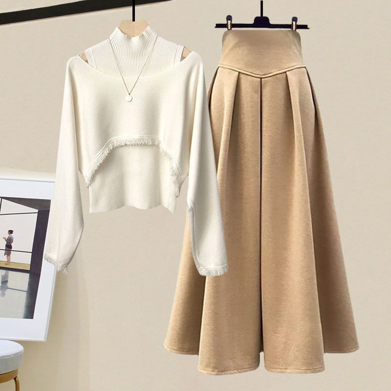Frühling Herbst Koreanisch Elegant Strick Halber Stehkragen Unterteil Pullover+Midi Rock Zweiteiler Damen Kleideranzug M von Joom DACH