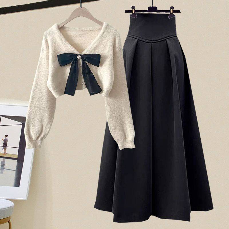 Frühling Herbst Koreanisch Elegant Strick Halber Stehkragen Unterteil Pullover+Midi Rock Zweiteiler Damen Kleideranzug S von Joom DACH