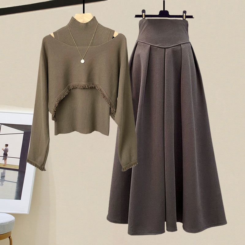 Frühling Herbst Koreanisch Elegant Strick Halber Stehkragen Unterteil Pullover+Midi Rock Zweiteiler Damen Kleideranzug S von Joom DACH