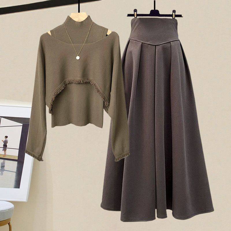 Frühling Herbst Koreanisch Elegant Strick Halber Stehkragen Unterteil Pullover+Midi Rock Zweiteiler Damen Kleideranzug S von Joom DACH