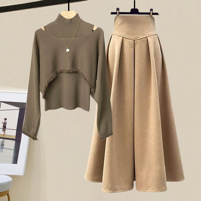 Frühling Herbst Koreanisch Elegant Strick Halber Stehkragen Unterteil Pullover+Midi Rock Zweiteiler Damen Kleideranzug XL von Joom DACH