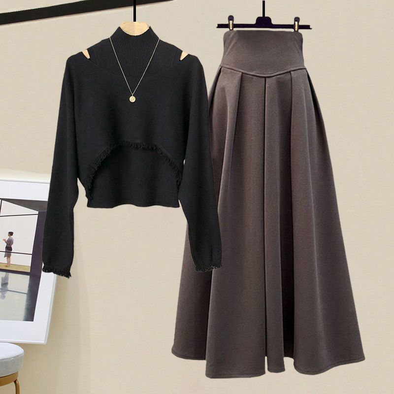 Frühling Herbst Koreanisch Elegant Strick Halber Stehkragen Unterteil Pullover+Midi Rock Zweiteiler Damen Kleideranzug XXXXL von Joom DACH