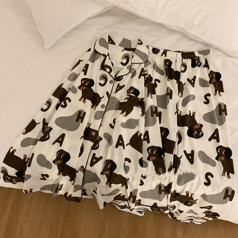 Frühling Herbst Langarm Damen Pyjama Set Niedlicher Dackel Print Baumwolle Zweiteilig Lange Hose Locker L von Joom DACH