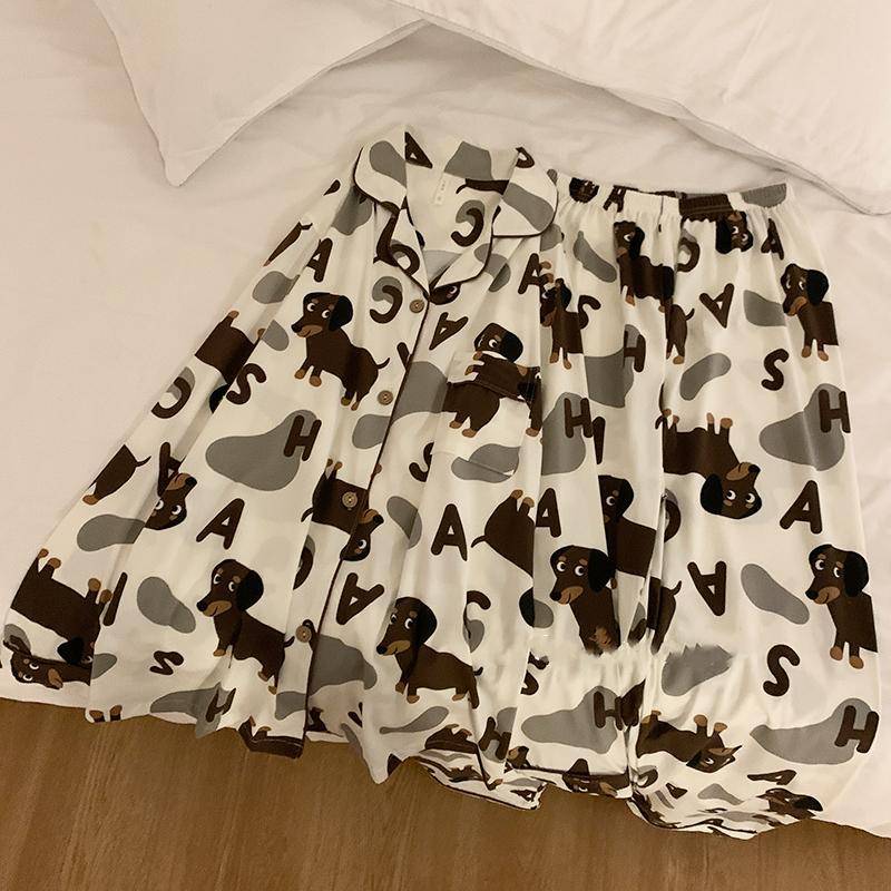 Frühling Herbst Langarm Damen Pyjama Set Niedlicher Dackel Print Baumwolle Zweiteilig Lange Hose Locker M von Joom DACH