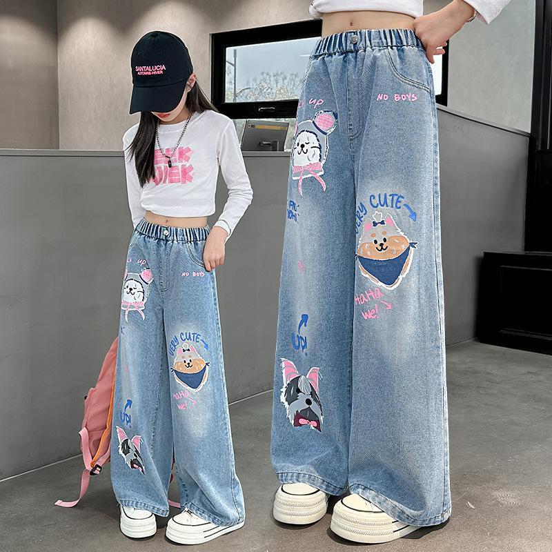 Frühling Herbst Mädchen Cartoon-Muster Jeans für Mädchen Lose Gerade Denim Hosen Schöne Druck Kinder Lange Hosen 140cm blau von Joom DACH