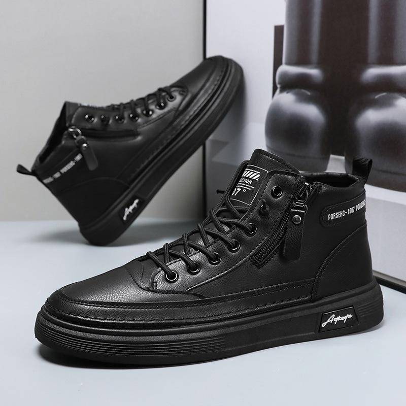 Frühling Herbst Männer High Top Leder Freizeitschuhe Mode Rutschfeste Verschleiß-beständig Werkzeug Schuhe Männer Stiefeletten Flache Schuhe turnschuhe 44 schwarz von Joom DACH