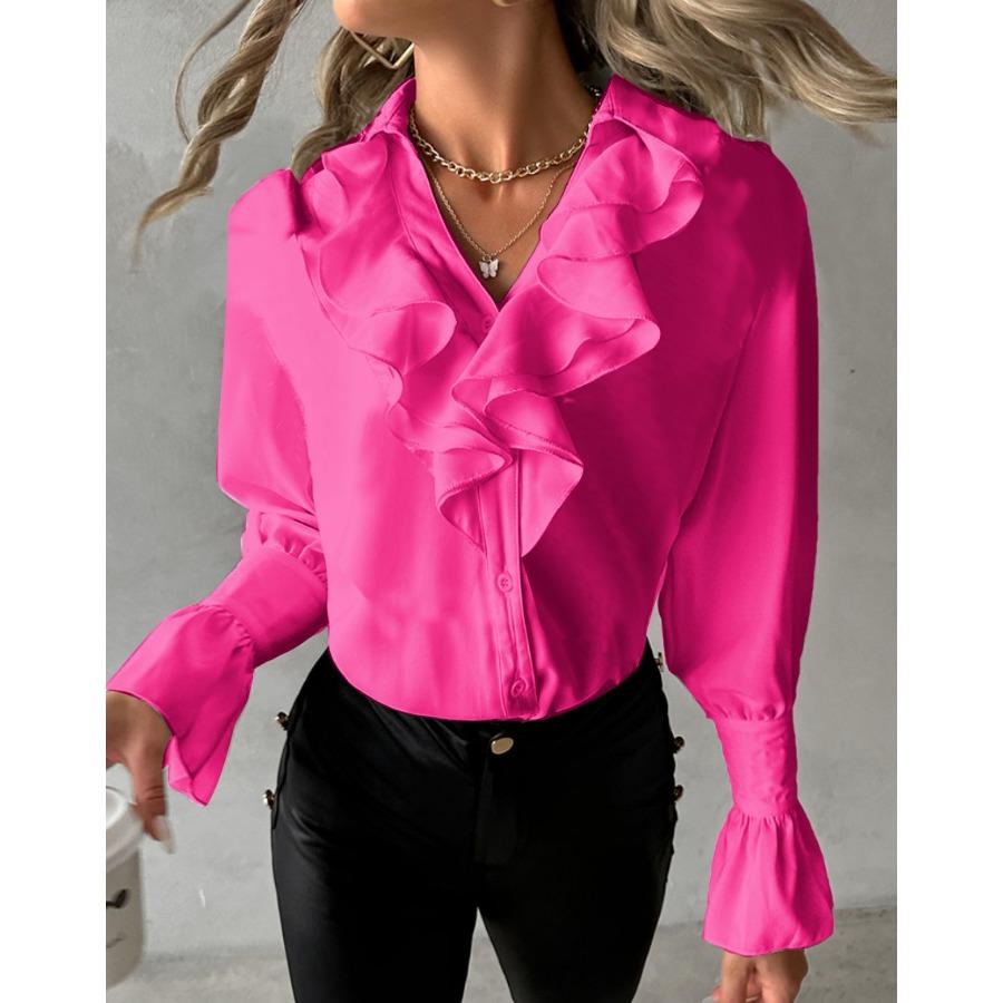 Frühling Herbst Mode Rüschen Langarm Shirt Elegante V-Ausschnitt solide Frauen Bluse L von Joom DACH