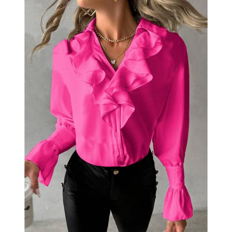 Frühling Herbst Mode Rüschen Langarm Shirt Elegante V-Ausschnitt solide Frauen Bluse L von Joom DACH