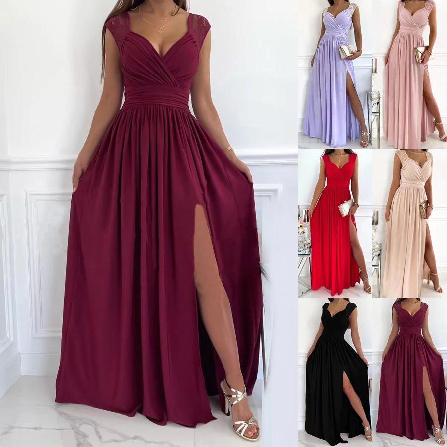 Frühling Herbst Mode Sexy Elegante Spitze Patchwork Lange Kleid Frauen V-ausschnitt Feste Split Maxi Kleider XL von Joom DACH