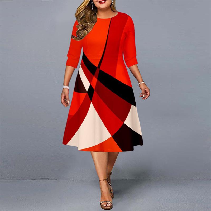 Frühling Herbst Neu Büro Dame Elegant Übergröße Kleid für Frauen Mode A-Linien-Rock Drucken Nähen Vintage Kleider 5XL rot von Joom DACH