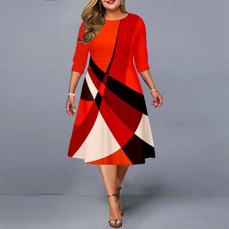 Frühling Herbst Neu Büro Dame Elegant Übergröße Kleid für Frauen Mode A-Linien-Rock Drucken Nähen Vintage Kleider XXXL rot von Joom DACH