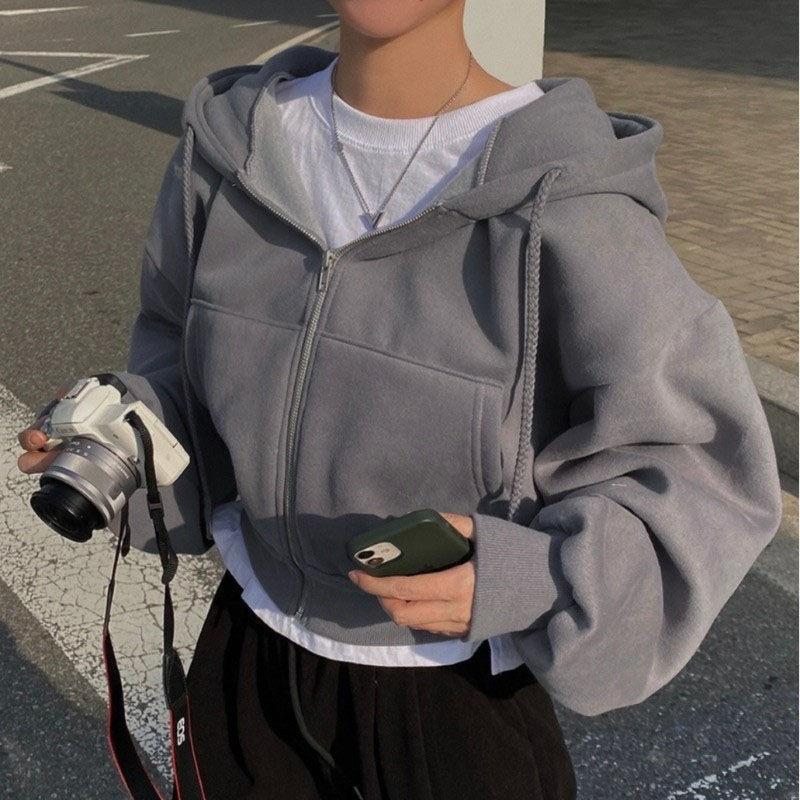 Frühling Herbst Neu Insfleece-gefüttert Vielseitig Cropped Slims Glättet Silhouette Reißverschluss Warm Marineblau Kapuzensweatshirt Damen M hellgrau von Joom DACH