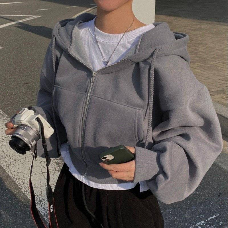 Frühling Herbst Neu Insfleece-gefüttert Vielseitig Cropped Slims Glättet Silhouette Reißverschluss Warm Marineblau Kapuzensweatshirt Damen M hellgrau von Joom DACH