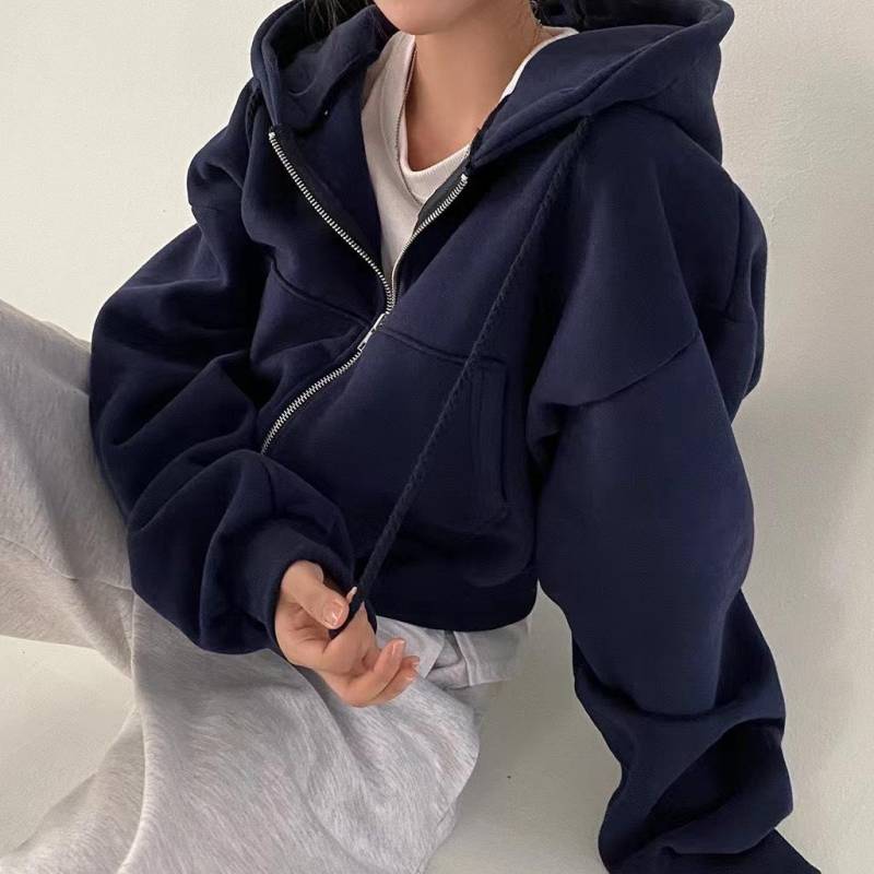 Frühling Herbst Neu Insfleece-gefüttert Vielseitig Cropped Slims Glättet Silhouette Reißverschluss Warm Marineblau Kapuzensweatshirt Damen M navy blau von Joom DACH