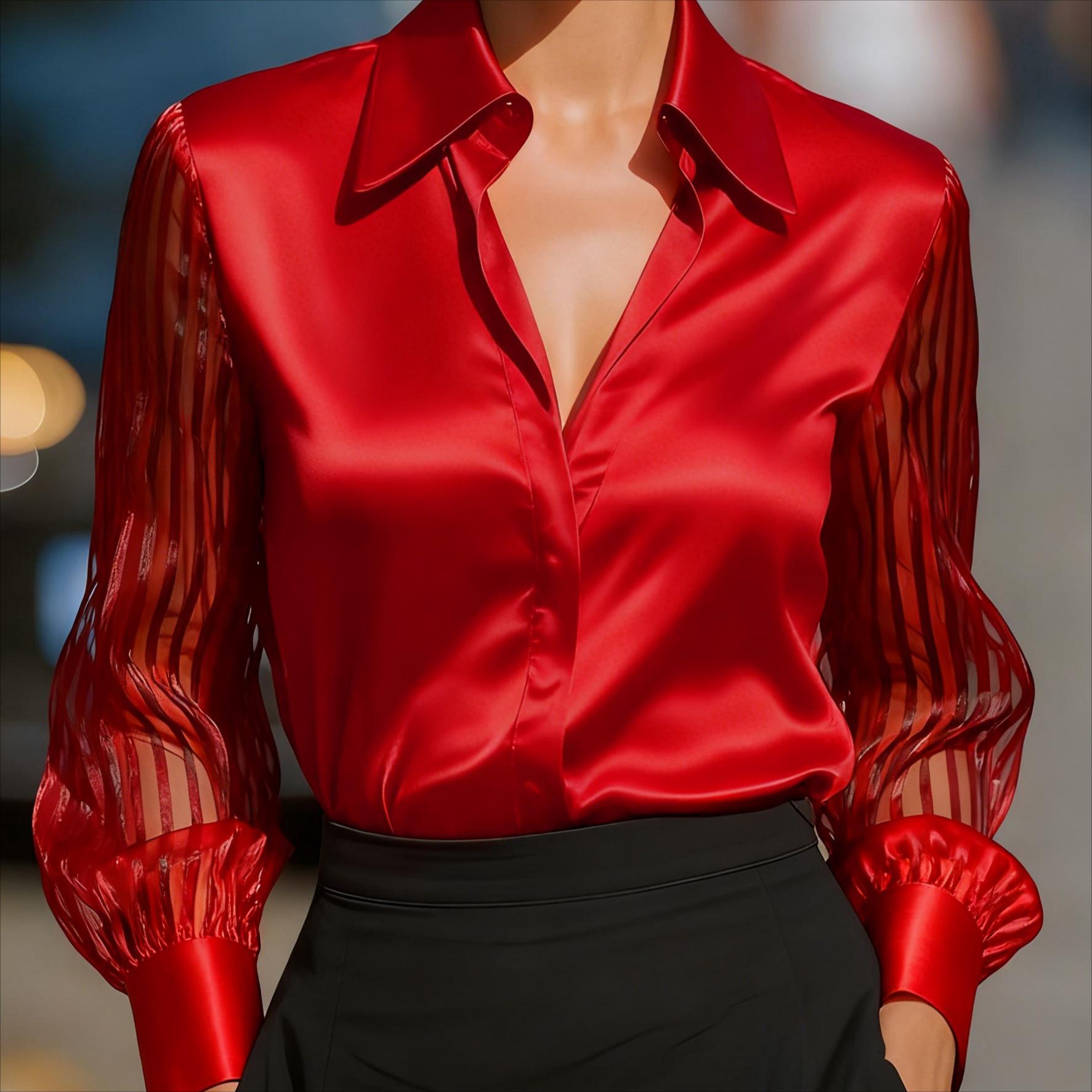 Frühling Herbst Neuankömmling Einfarbig Satin Langarm Blusen Damen Kleidung XL rot von Joom DACH