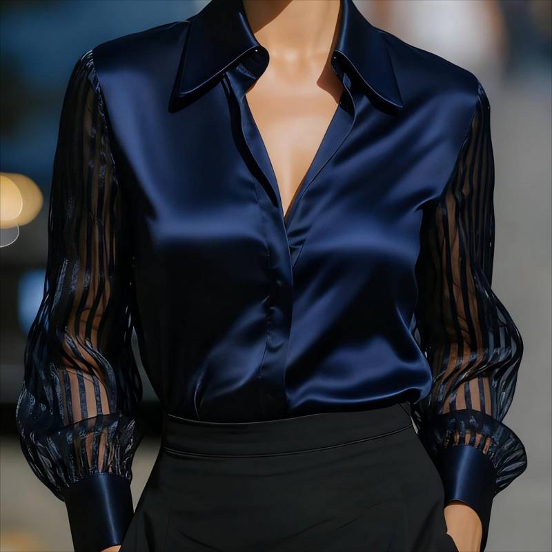 Frühling Herbst Neuankömmling Einfarbig Satin Langarm Blusen Damen Kleidung XL dunkelblau von Joom DACH