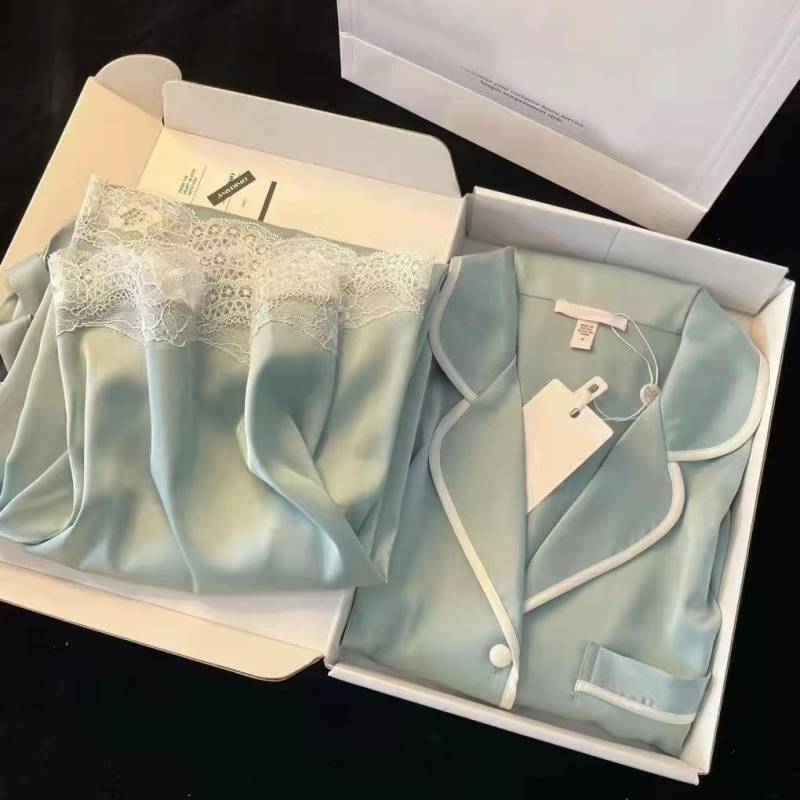 Frühling Herbst Neue Eis Seide Weiche Pyjama Sets für Damen Spitze Revers Cardigan Outfits für Damen 2-teiliges Set Süßes Rosa Damen Pyjama 2XL von Joom DACH