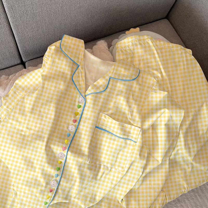 Frühling Herbst Niedliches Karomuster Mädchen Pyjama Set Koreanisch Neu Langarm Freizeit Schlafanzug Damen Locker Nachtwäsche Homewear Anzug XXL von Joom DACH