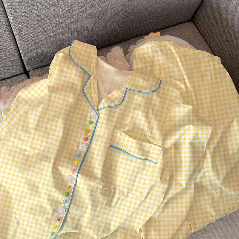 Frühling Herbst Niedliches Karomuster Mädchen Pyjama Set Koreanisch Neu Langarm Freizeit Schlafanzug Damen Locker Nachtwäsche Homewear Anzug XXL von Joom DACH