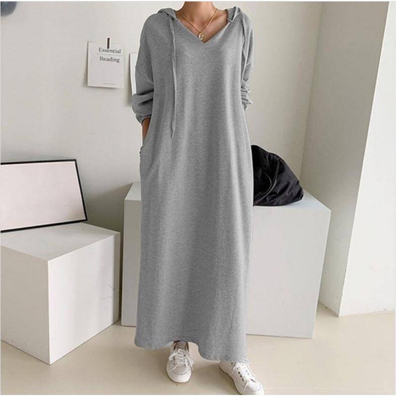Frühling Herbst Plus Größe Langes Kleid Frauen mit Kapuze Neue Mode Maxi Pullover Kleid Frauen Langarm Lose Elegante Feste Casual Kleider 963 3XL grau von Joom DACH