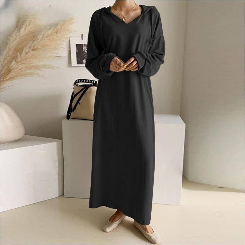 Frühling Herbst Plus Größe Langes Kleid Frauen mit Kapuze Neue Mode Maxi Pullover Kleid Frauen Langarm Lose Elegante Feste Casual Kleider 963 5XL schwarz von Joom DACH