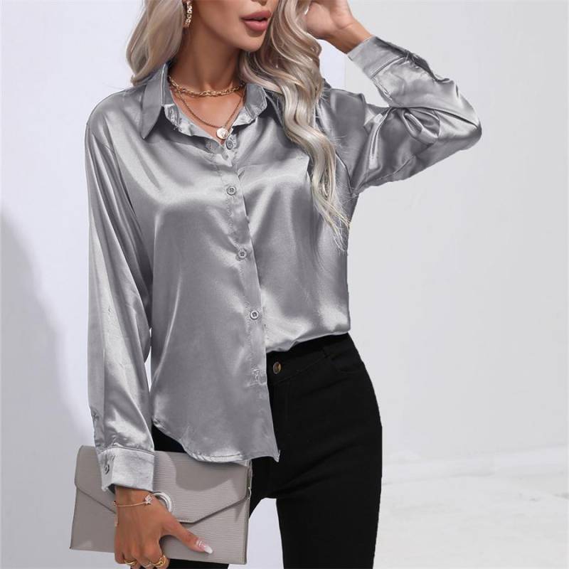 Frühling Herbst Satin Bluse Nachahmung Seide Langarm Shirt für Frauen Plus Größe Lose Tops L silber grau von Joom DACH
