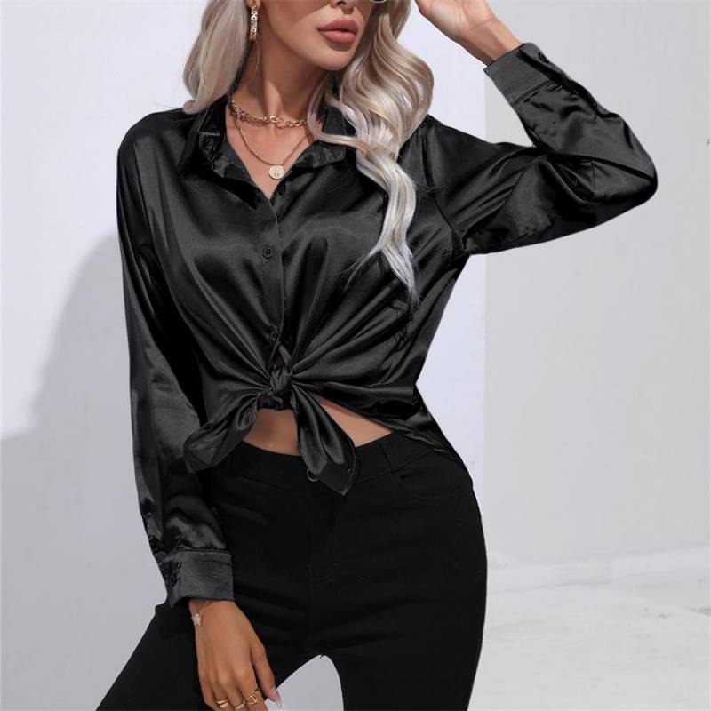 Frühling Herbst Satin Bluse Nachahmung Seide Langarm Shirt für Frauen Plus Größe Lose Tops L schwarz von Joom DACH